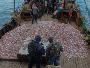 A U.S. Coast Guard law enforcement detachment member and a Ghanaian navy sailor inspect a fishing vessel suspected of illegal fishing during the Africa Maritime Law Enforcement Partnership.The partnership is the operational phase of Africa Partnership Station and brings together U.S. Navy, U.S. Coast Guard, and respective Africa partner maritime forces to actively patrol that partner's territorial waters and economic exclusion zone with the goal of intercepting vessels that may have been involved in illicit activity. (U.S. Navy photo by Kwabena Akuamoah-Boateng/Released)